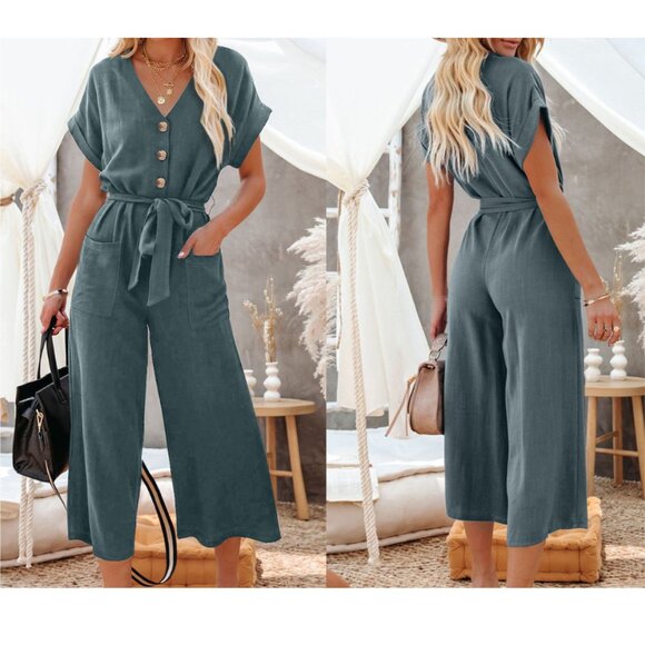 💙 Blue Dolman Sleeve Belted Wide-Leg Jumpsuit – Sizes L & XL - Picture 1 of 3